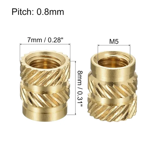 Vista 2 de uxcell Tuercas de inserción moleteadas, 60 piezas M5 x 0.315 in L x 0.276 in OD impresión 3D tuercas de latón roscadas hembra inserciones de latón