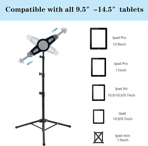 Vista 3 de Soporte de trípode para iPad, altura ajustable, soporte para iPad, soporte para tableta con rotación de 360 grados para iPad Pro12.9, iPad Air
