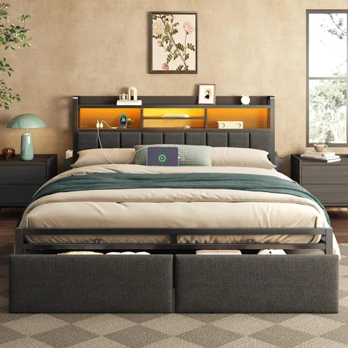Vista 10 de Furnulem Marco de Cama Tamaño Full con Cabecera Tapizada, Marco de Cama Full con Cajones de Almacenamiento, Estación de Carga y Luces LED
