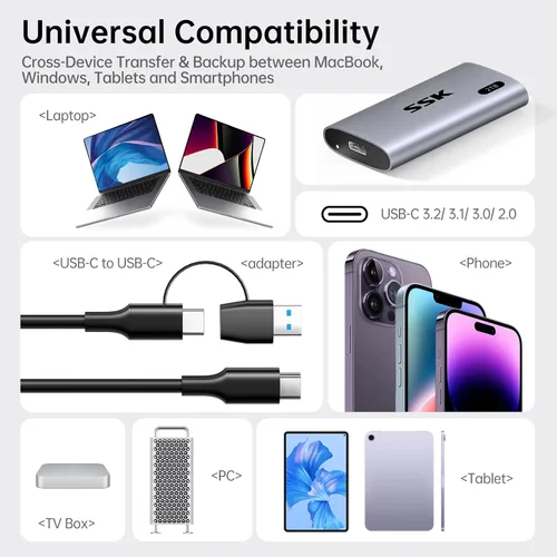 Vista 6 de SSK Disco Duro Externo SSD de 2TB, SSD Portátil de Hasta 550MB/s Unidades de Estado Sólido Rápidas, Unidad Externa USB 3.2 Gen2 SSD para iPhone