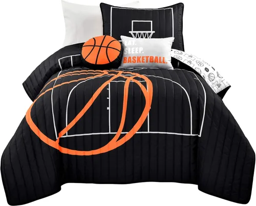 Vista 8 de Lush Decor Juego de edredón reversible de juego de baloncesto, juego de 4 piezas, individual, negro y naranja, juego de ropa de cama suave
