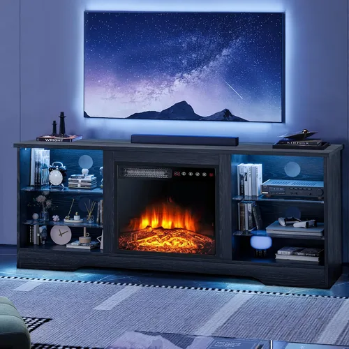 LEMBERI Soporte de TV con Chimenea de 58 Pulgadas para TVs de hasta 65 Pulgadas, Consola con Chimenea Eléctrica de 18'' y Control Remoto, Centro de