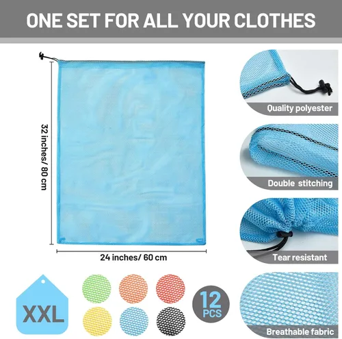Vista 3 de Berlune 12 bolsas de lavandería grandes de 32 x 24 pulgadas, coloridas bolsas de malla extra grande a granel con cordón de malla resistente, lavable