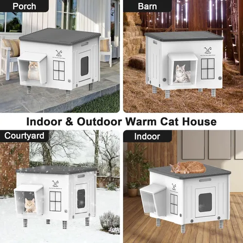 Vista 9 de Casa climatizada para gatos para exteriores, refugio para gatos de alto aislamiento térmico al aire libre, 100% resistente a la intemperie