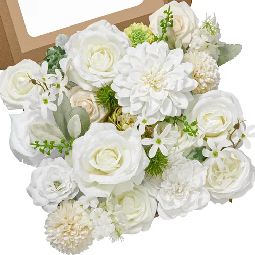 Vista 21 de Serwalin Flores artificiales, rosas polvorientas, flores de seda falsas para bricolaje, ramos de novia, rosas falsas rosas, combinados, centros