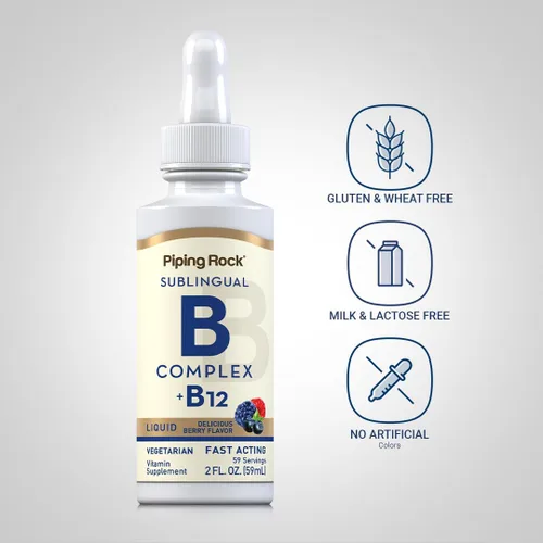 Vista 3 de Piping Rock Complejo de vitamina B con B12 Gotas líquidas 1200 mcg 2oz Suplemento sublingual Sabor a bayas Vegetariano, sin OMG, sin gluten