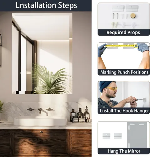 Vista 7 de Espejo de pared sin marco de 22 x 30 pulgadas con borde biselado de 1 pulgada, espejo rectangular sin marco para baño, tocador, sala de estar