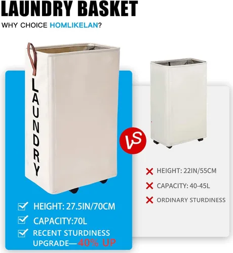 Vista 2 de Cesta de Ropa Sucia Rodante Grande de 70L - Cesta Alta y Estrecha con Ruedas, Contenedor Delgado para Ropa, 27.5" Beige