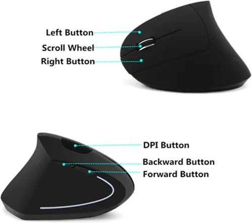 Vista 6 de Ratón para zurdos, ratones verticales ergonómicos inalámbricos recargables de 2.4 G con receptor USB, 6 botones y 3 DPI ajustables 80012001600