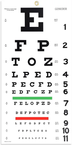 Snellen - Tabla de ojos para exámenes oculares de 20 pies 22 x 11 pulgadas, gráficos de prueba de ojos de baja visión para decoración de pared,