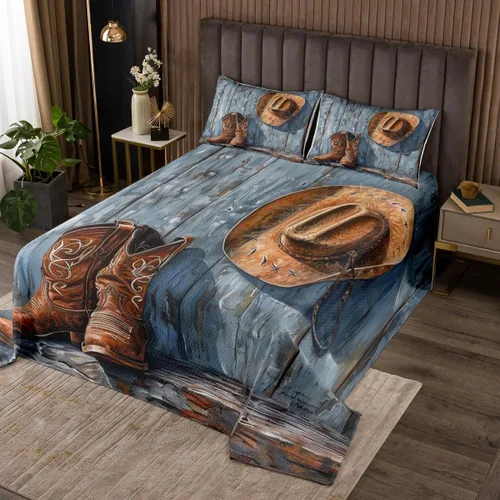 Vista 22 de Colcha acolchada rústica de Texas con estrellas del oeste de Texas para niños y niñas, color azul marino, juego de cubrecama de madera