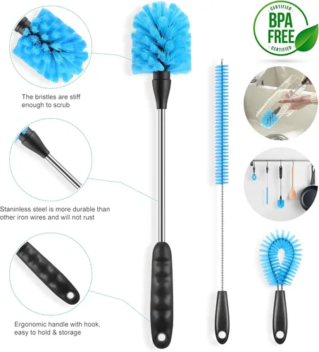 Vista 6 de Juego de 5 cepillos para limpiar botellas, cepillo de limpieza de botellas de mango largo y cepillo limpiador de pajillas para lavar botellas