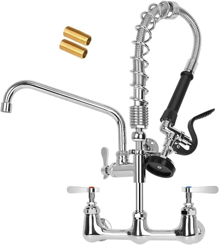Grifo comercial central de 8 pulgadas con rociador, grifo de cocina comercial de montaje en pared de 20 pulgadas de altura con boquilla giratoria de