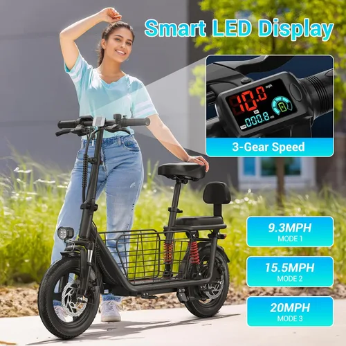 Vista 5 de SEHOMY 2 Seater Electric Scooter for Adults 330lbs, Folding Escooters with Seat, 850W Peak Motor, 25/20 Miles Range, 22/15.5 MPH, Storage Basket