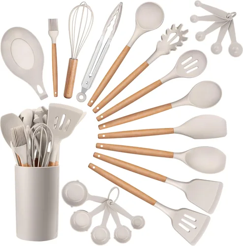 Vista 10 de Juego de utensilios de cocina HaWare, juego de espátulas de silicona de 23 piezas con soporte, utensilio de cocina con mango de madera resistente al