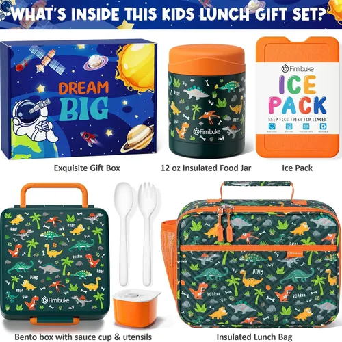 Vista 2 de Fimibuke Lonchera Bento para niños con 4 compartimentos, bolsa aislada, tarro de alimentos al vacío de acero inoxidable, paquete de hielo, juego