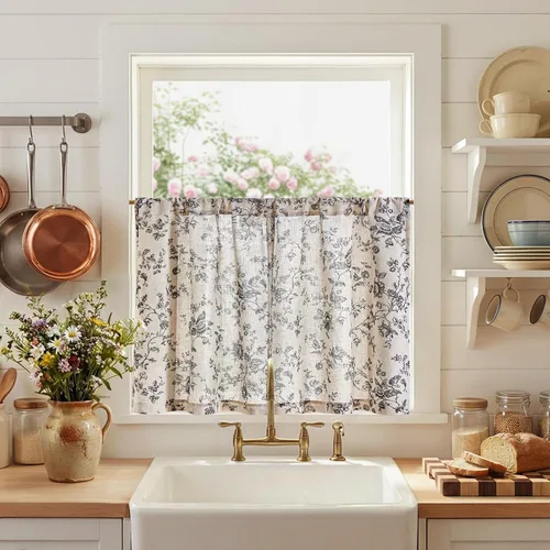 Vista 25 de JINCHAN Cortinas florales de cocina de 24 pulgadas, cortinas de lino de varios niveles, cortinas de granja de estilo cafetería, cortinas para media