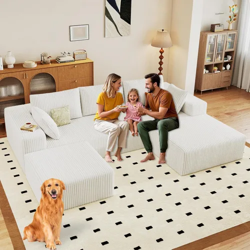 Vista 35 de Sofá modular de 95 pulgadas con otomana, moderno sofá nube de pana con asiento profundo, sofá sin hueso tapizado de 3 plazas en forma de U para sala