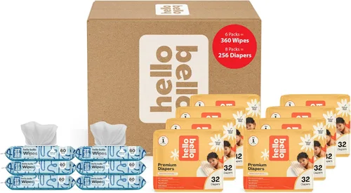 Hello Bello Mega Surprise Pack, tamaño 1 (8-12 libras), 256 unidades de pañales hipoalergénicos surtidos con una sensación suave y similar a la Mega