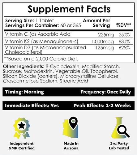 Vista 2 de Nootropics Depot Vitamina D3 + K2 con tabletas de vitamina C 60 unidades Colecalciferol + Menaquinona-4 (MK-4) Salud del estado de ánimo