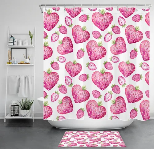 Vista 12 de LB Pink Strawberry Valentine's Day Shower Curtain for Bathroom,Creative Heart Shaped Strawberry with Green Leaf on Black Fabric Shower Curtain with