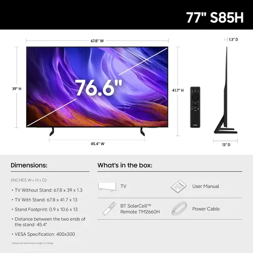 Vista 2 de Samsung Serie S85H de 77 pulgadas, OLED, 4K, Smart TV, modelo 2026