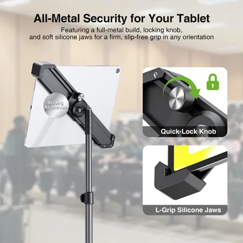 Vista 2 de elitehood Trípode de aluminio resistente para tableta, soporte de trípode ajustable para iPad con inclinación giratoria de 360 grados, soporte