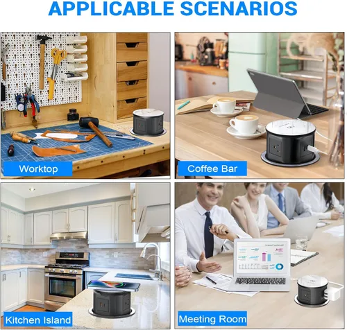 Vista 6 de Toma de corriente desplegable para encimera con USB C de 20 W, regleta de alimentación empotrada de 4.7 pulgadas con cargador inalámbrico de 15 W