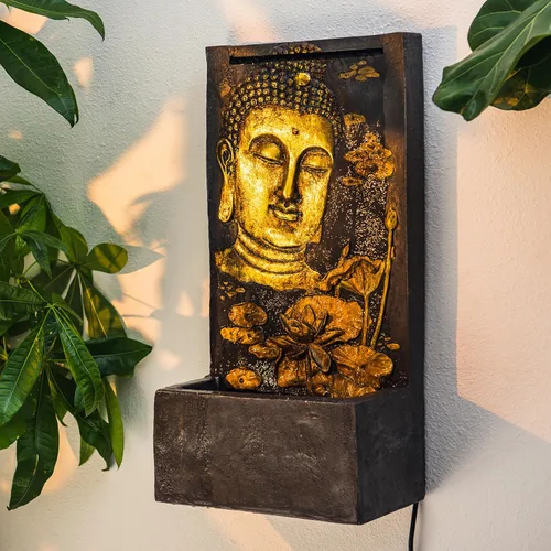 Vista 2 de XBrand Fuente de pared de agua de 29.5 pulgadas de alto con cara de Buda para interiores y exteriores, con bomba y protector contra salpicaduras