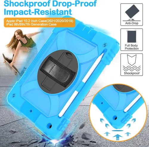 Vista 5 de BMOUO Funda para iPad de 987 generación de 10.2 pulgadas, a prueba de golpes, con soporte giratorio de 360 grados, correa de hombro y mano para iPad
