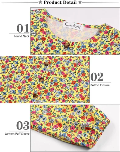 Vista 5 de Quedoris Vestido casual para niñas, estampado y color sólido, manga de farol, suelto, con vuelo, con botón