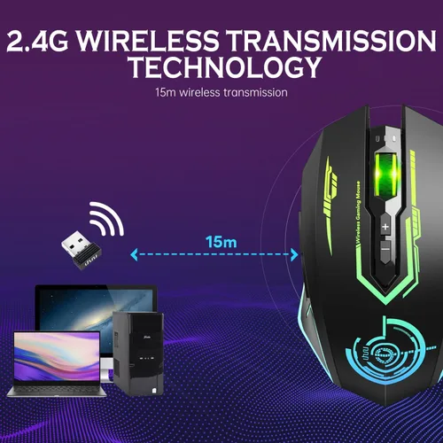 Vista 2 de Wireless USB Gaming Mouse, recargables uhuru 5 botones 7 Changeable LED Color ergonómico programable MMO RPG para PC computadora Portátil gaming