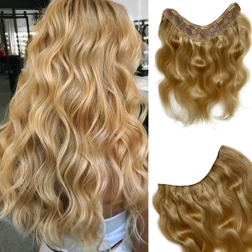 Vista 12 de Extensiones de cabello humano real con clip, de 14 pulgadas, color castaño ondulado, con reflejos, color rubio, doble trama, parte en U, una pieza