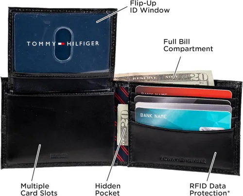 Vista 8 de Tommy Hilfiger Billetera plegable clásica para hombre con ventana de identificación y múltiples ranuras para tarjetas