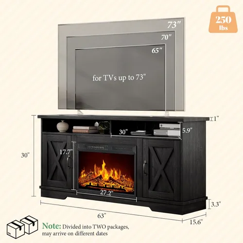 Vista 2 de AMERLIFE Mueble de TV estilo granja de 63" con chimenea de 26", para TVs hasta 73", centro de entretenimiento con estante ajustable y puertas tipo