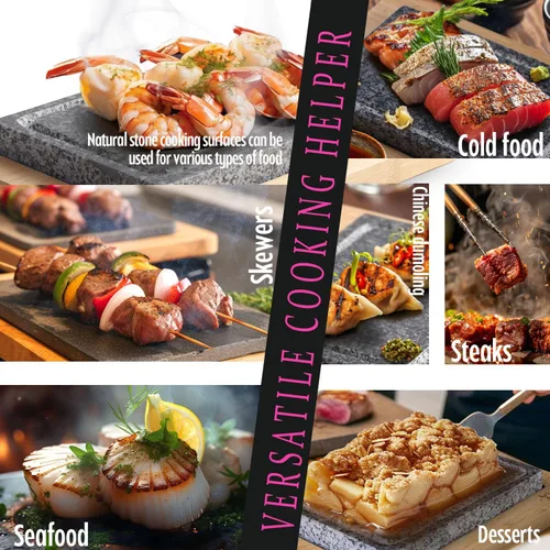 Vista 6 de Set de parrilla de piedra para filete Artestia con 2 piedras de granito y 1 bandeja de bambú – Juego de cocina de piedra caliente estilo restaurante