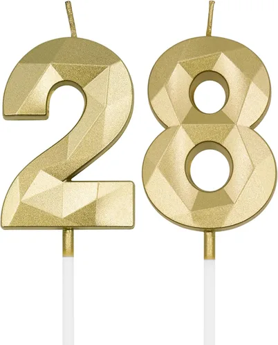 Vista 10 de Velas de cumpleaños de 28 y 82 para pastel, número plateado 28 82 3D con forma de diamante, decoración de cumpleaños, suministros de fiesta