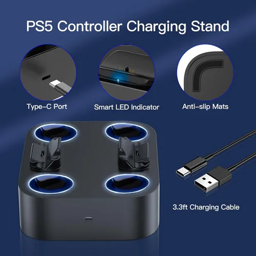 Vista 4 de NEWDERY for PS5 Controller Charger Station Compatible with Dualsense Edge, Fast Charging Dock Stand with Cable, Dual Controller Charging Station for