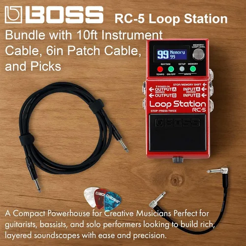 Vista 3 de Boss Paquete de estación de bucle RC-5 con cable de instrumento Gearlux, cable de conexión y púas