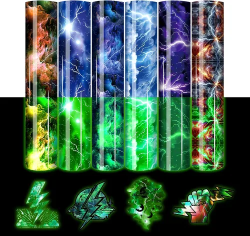 Vista 7 de Vinilo HTV que brilla en la oscuridad, 8 hojas de vinilo de transferencia de calor con estampado de dinosaurio de 12 x 10 pulgadas para camisetas