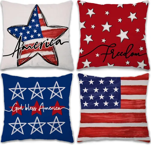 Vista 11 de GEEORY Juego de 4 fundas de almohada de 18 x 18 pulgadas para el 4 de julio, Dios bendiga Estados Unidos, estrellas valientes, a rayas, decorativas