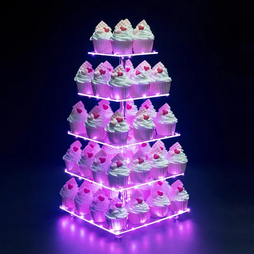 Vista 20 de Soporte para Cupcakes, Portacupcakes Cuadrado de 4 Niveles con Tira de Luces LED, Exhibidor de Torre Acrílica para Cupcakes-Torre de Postres-Soporte