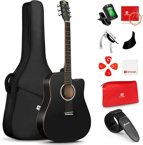 Vista 11 de Vangoa Guitarra acústica, kit de guitarra acústica de tamaño completo de 41 pulgadas con funda acolchada, afinador, correa, púas, cejilla, cuerdas