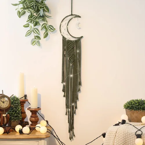Vista 15 de Colgante de pared de macramé bohemio para niños, atrapasueños de media luna y estrella de crochet con borlas largas, decoración de algodón oliva