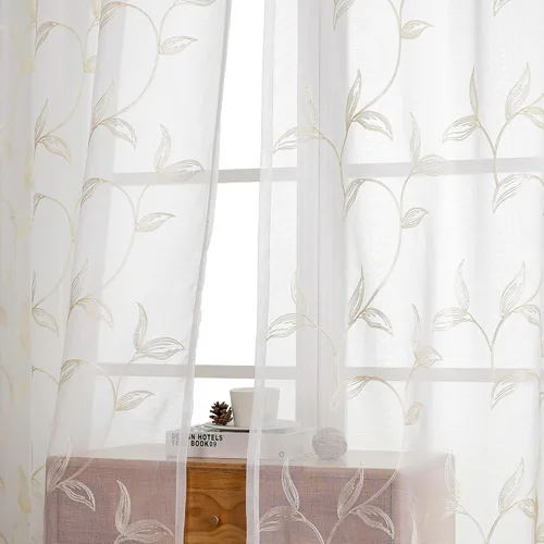Vista 66 de VISIONTEX Juego de 2 paneles de cortinas traslúcidas blancas de 63 pulgadas de largo, con bordado de coral beige, bolsillo para barra, cortinas