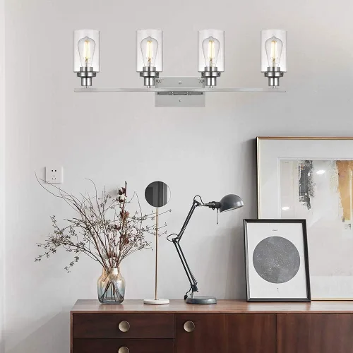 Vista 4 de MELUCEE Luminarias de baño de 4 luces con pantalla de vidrio transparente acabado cromado, luz de tocador moderna lámpara de montaje en pared