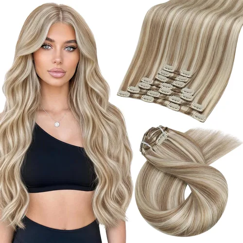 Vista 30 de Moresoo Extensiones de cabello humano con clip, balayage, color marrón oscuro a marrón dorado con clip, extensiones de cabello humano con clip, 5
