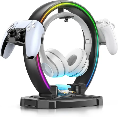 KDD Soporte RGB para auriculares y controlador con 9 modos de luz, colgador de controlador plegable para escritorio, soporte para auriculares con