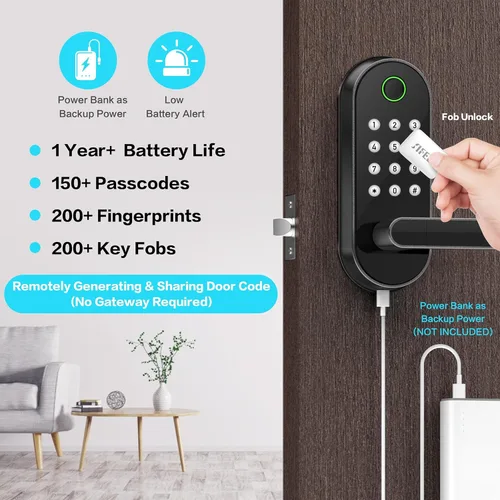 Vista 3 de Cerradura inteligente de puerta con huella dactilar, asa y teclado – entrada sin llave Bluetooth para puerta delantera, hogar, niños, invitados