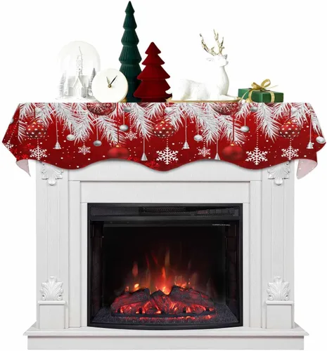 Bufanda roja de Navidad para chimenea, decoraciones para repisa de chimenea, bolas de Navidad, copo de nieve, hojas de pino plateadas, cubierta para
